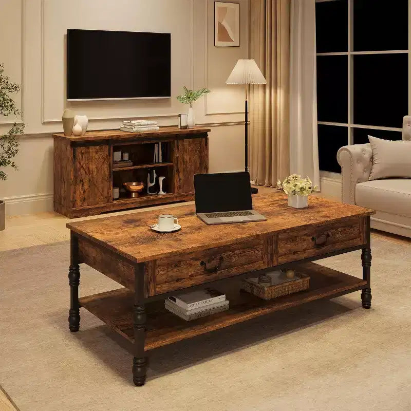 Table basse rectangulaire en bois avec 2 tiroirs de rangement 41 po