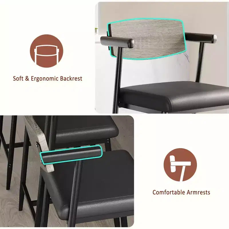 Tabourets de bar hauteur comptoir avec accoudoirs, repose-pieds et dossier en bois