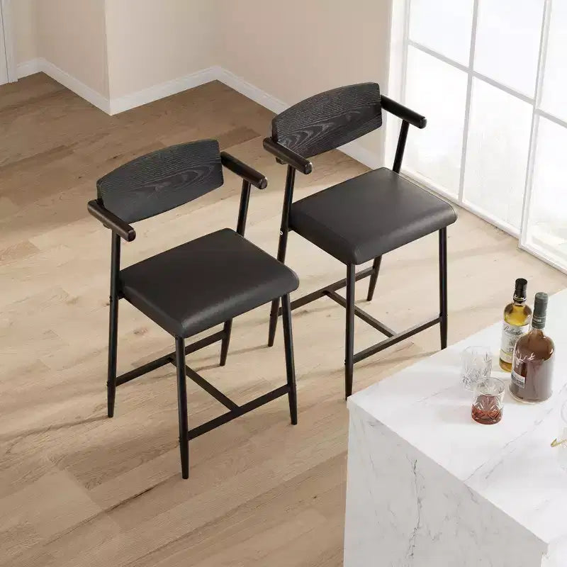 Tabourets de bar hauteur comptoir avec accoudoirs, repose-pieds et dossier en bois