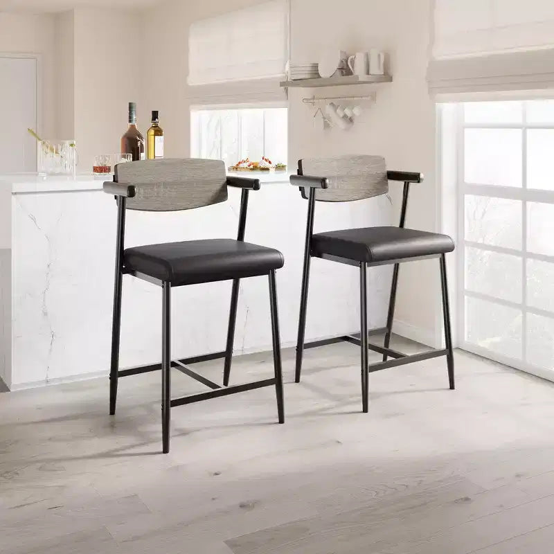 Tabourets de bar hauteur comptoir avec accoudoirs, repose-pieds et dossier en bois