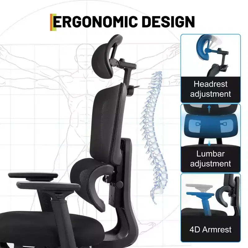 Fauteuil de jeu ergonomique en maille avec accoudoirs 4D pivotants