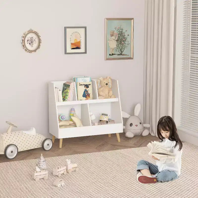 Bibliothèque pour enfants à 5 compartiments, organisateur de jouets, étagère de rangement en bois blanc à 2 niveaux