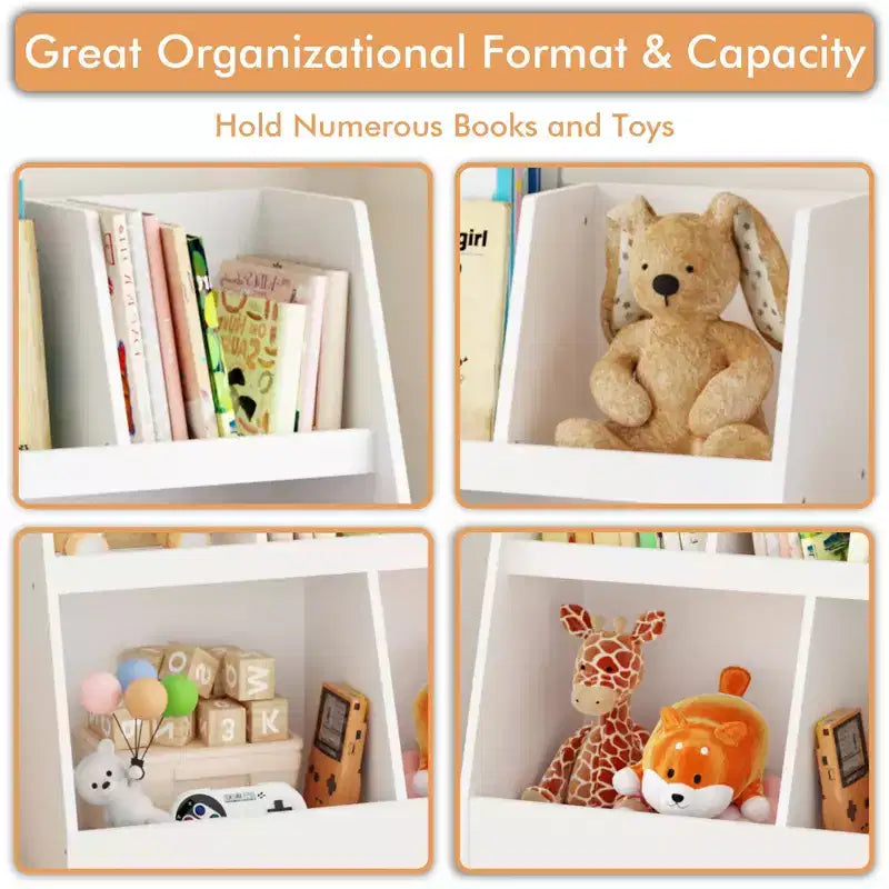 Bibliothèque pour enfants à 5 compartiments, organisateur de jouets, étagère de rangement en bois blanc à 2 niveaux