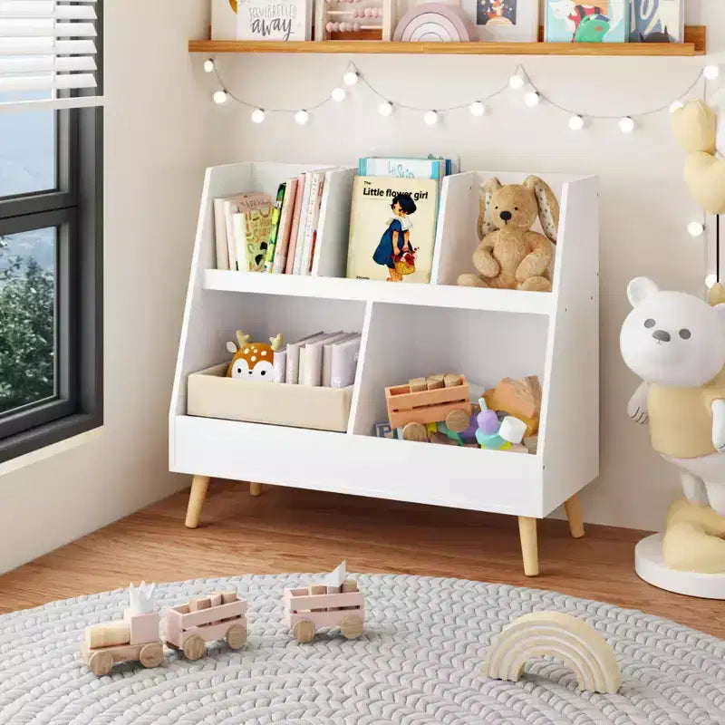 Bibliothèque pour enfants à 5 compartiments, organisateur de jouets, étagère de rangement en bois blanc à 2 niveaux