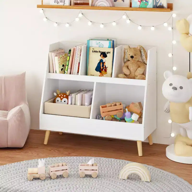 Bibliothèque pour enfants à 5 compartiments, organisateur de jouets, étagère de rangement en bois blanc à 2 niveaux