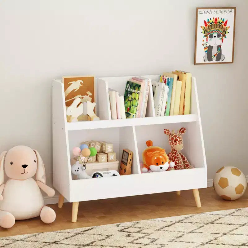 Bibliothèque pour enfants à 5 compartiments, organisateur de jouets, étagère de rangement en bois blanc à 2 niveaux