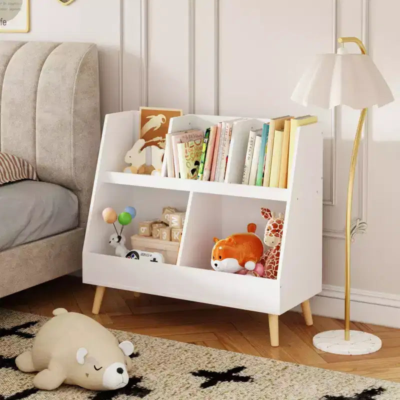 Bibliothèque pour enfants à 5 compartiments, organisateur de jouets, étagère de rangement en bois blanc à 2 niveaux