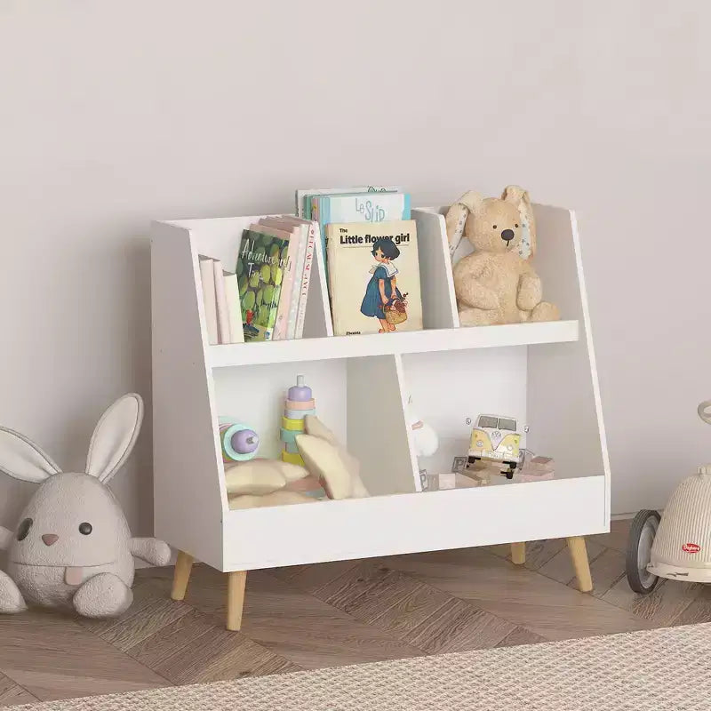 Bibliothèque pour enfants à 5 compartiments, organisateur de jouets, étagère de rangement en bois blanc à 2 niveaux