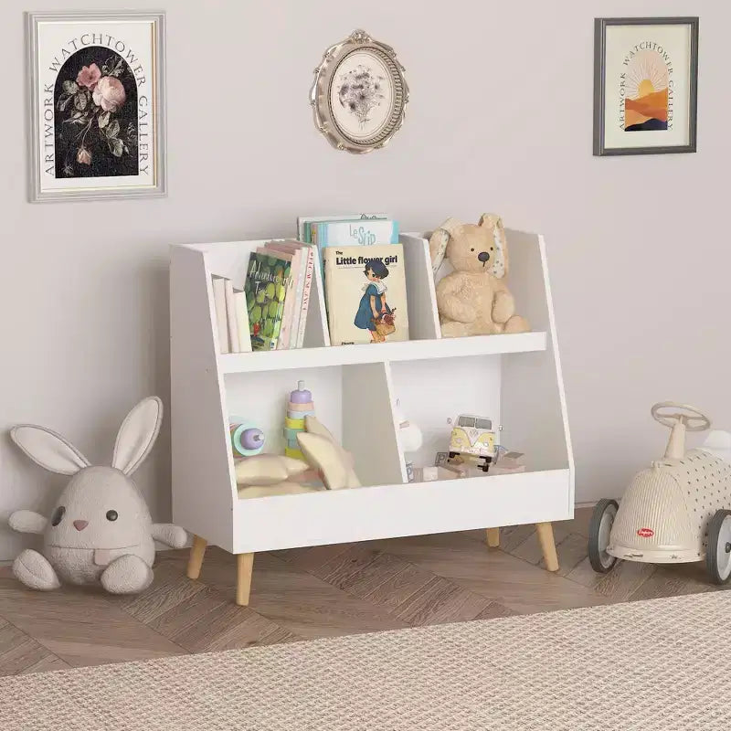 Bibliothèque pour enfants à 5 compartiments, organisateur de jouets, étagère de rangement en bois blanc à 2 niveaux