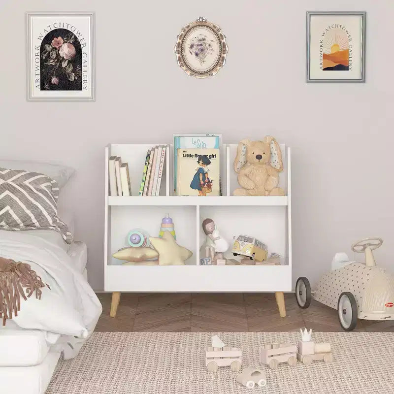 Bibliothèque pour enfants à 5 compartiments, organisateur de jouets, étagère de rangement en bois blanc à 2 niveaux