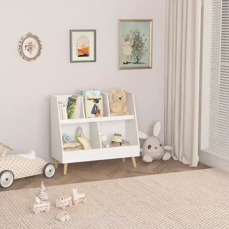 Bibliothèque pour enfants à 5 compartiments, organisateur de jouets, étagère de rangement en bois blanc à 2 niveaux