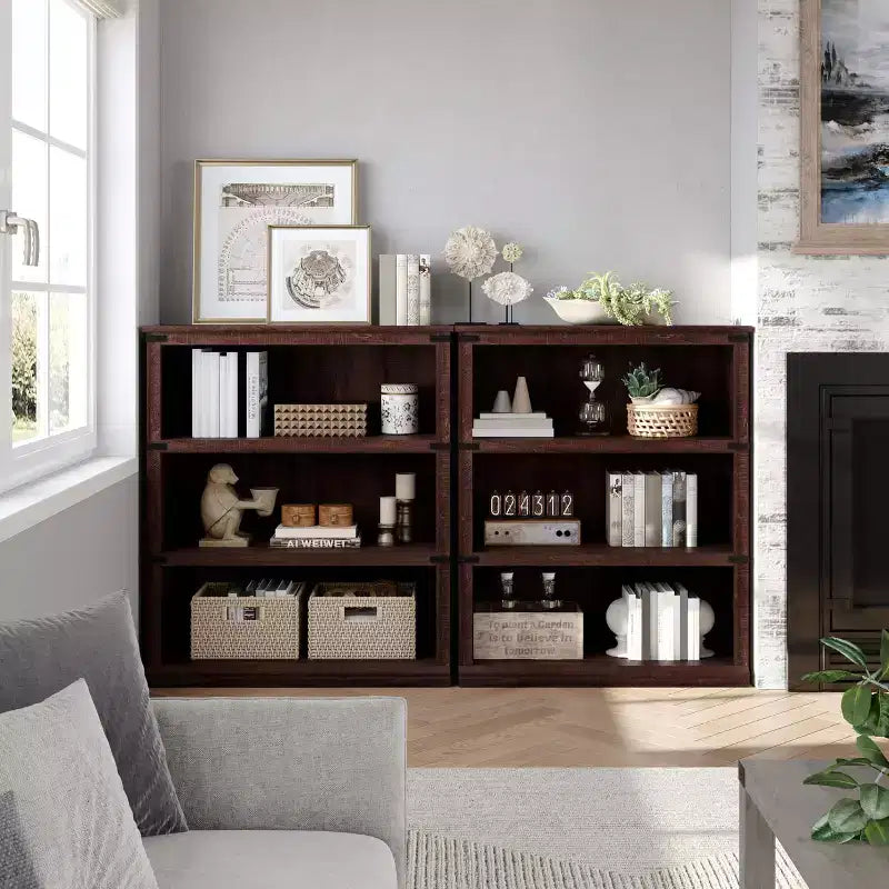 Étagère Bibliothèque de Ferme Rustique en Bois avec Étagères de Rangement Ouvertes