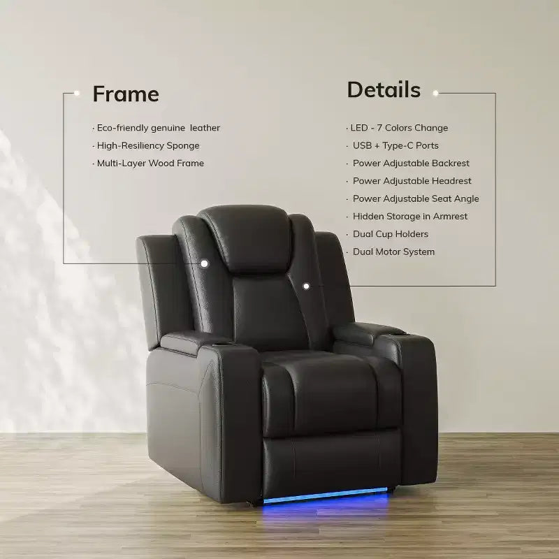 Fauteuil inclinable électrique avec LED 7 couleurs, cuir véritable