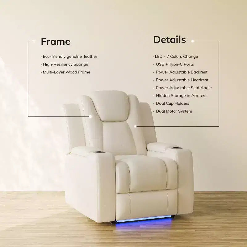 Fauteuil inclinable électrique avec LED 7 couleurs, cuir véritable