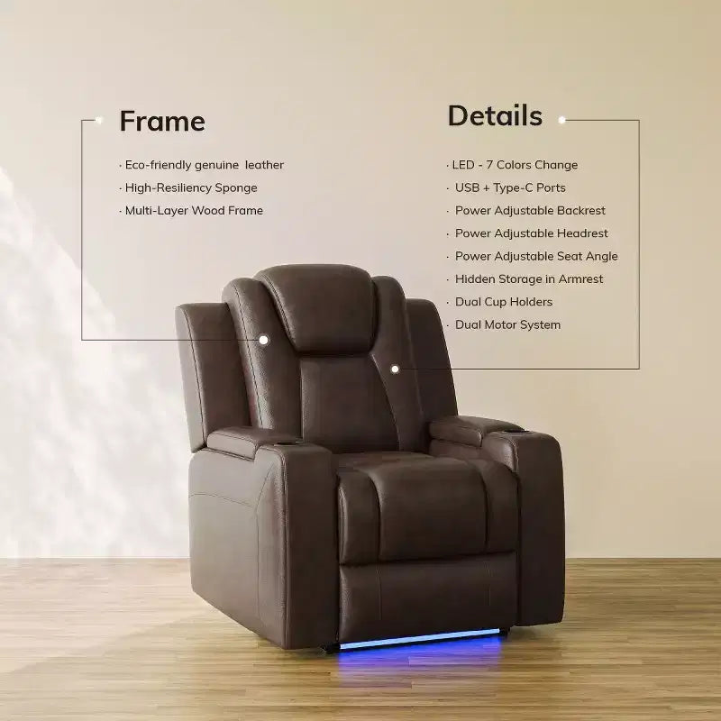 Fauteuil inclinable électrique avec LED 7 couleurs, cuir véritable