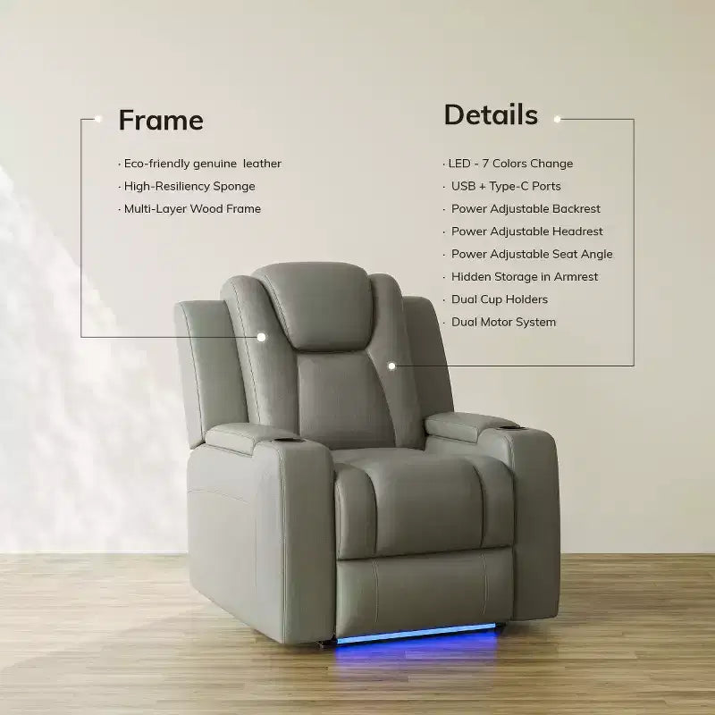 Fauteuil inclinable électrique avec LED 7 couleurs, cuir véritable