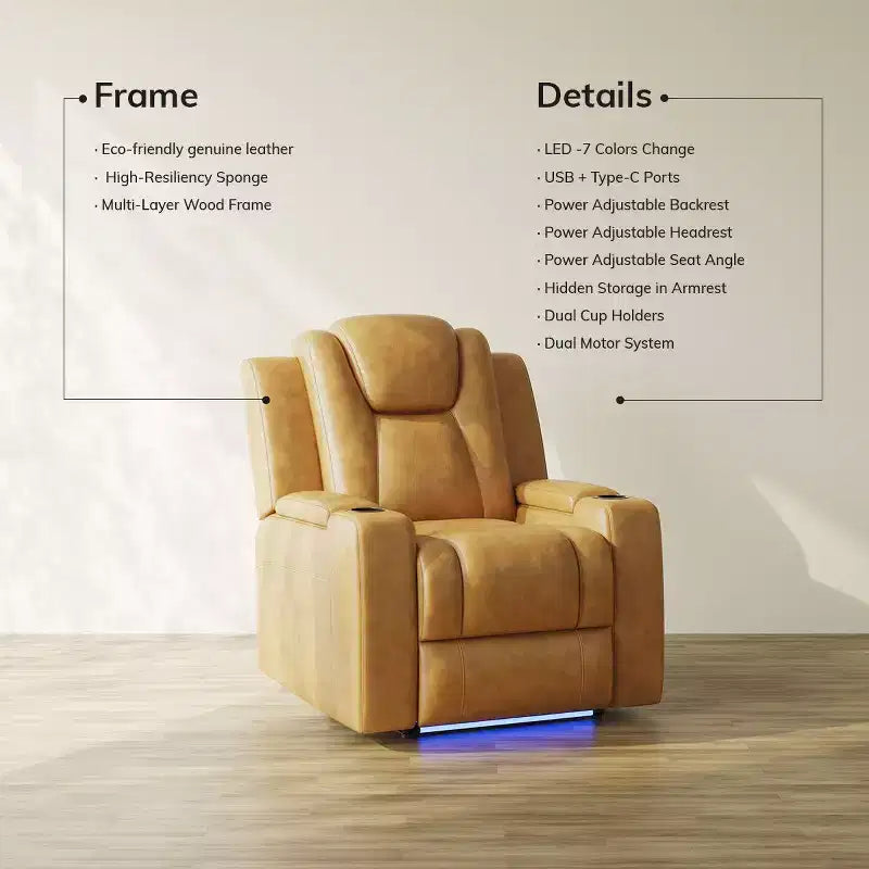 Fauteuil inclinable électrique avec LED 7 couleurs, cuir véritable