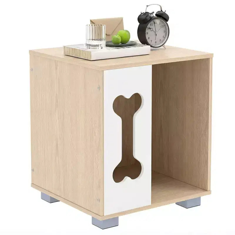Costway Dog Bed Side Table, Wooden Dog Condo with Bone-shape Window &amp; Thick Metal Legs