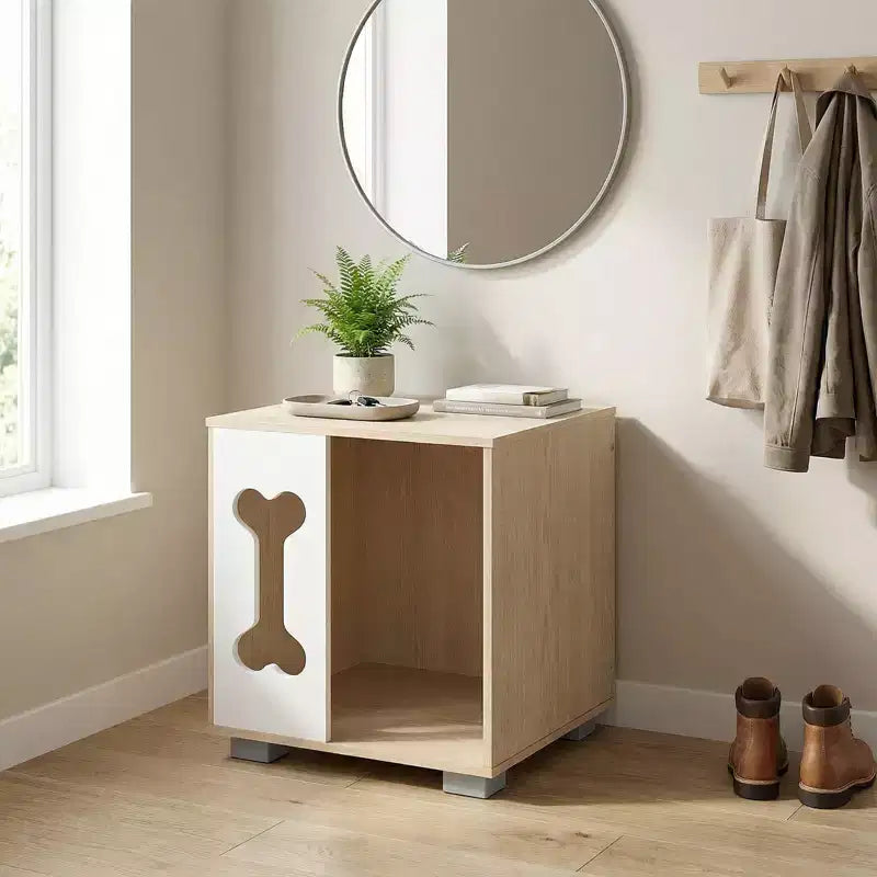 Table de chevet avec niche pour chien, condo en bois avec fenêtre en forme d'os