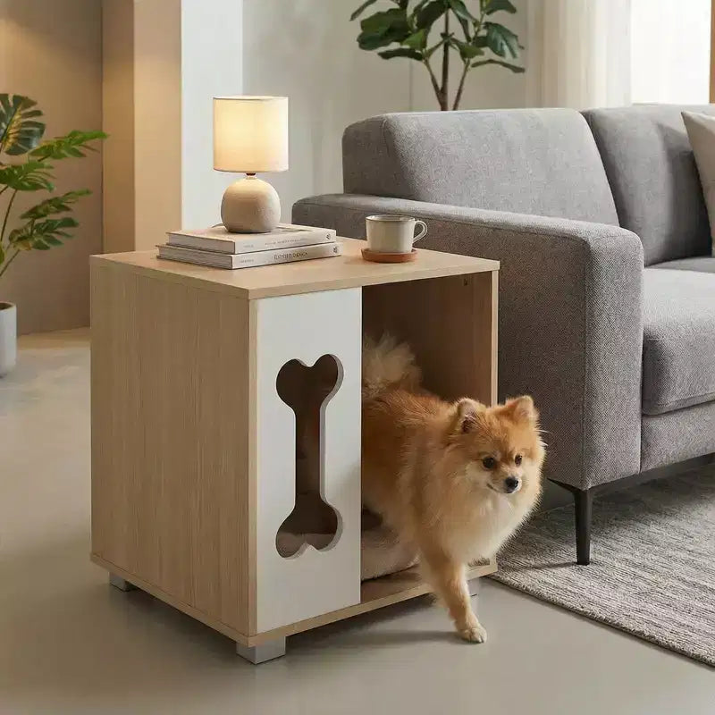 Table de chevet avec niche pour chien, condo en bois avec fenêtre en forme d'os