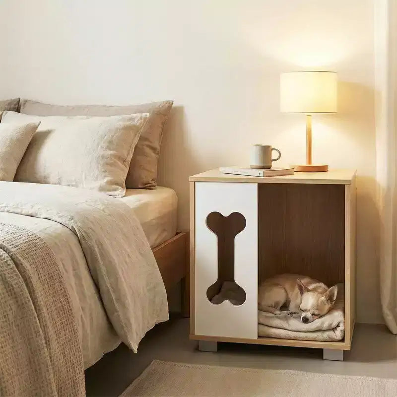 Table de chevet avec niche pour chien, condo en bois avec fenêtre en forme d'os
