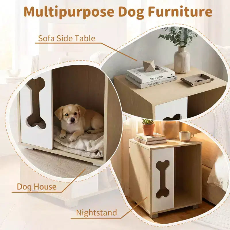 Table de chevet avec niche pour chien, condo en bois avec fenêtre en forme d'os