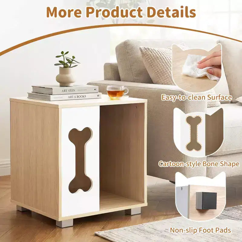 Table de chevet avec niche pour chien, condo en bois avec fenêtre en forme d'os
