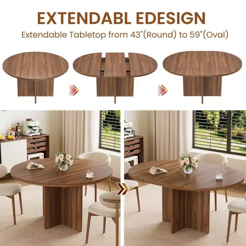 Table de salle à manger pour 4-8 personnes, Table à manger ovale de cuisine moderne avec rallonges amovibles