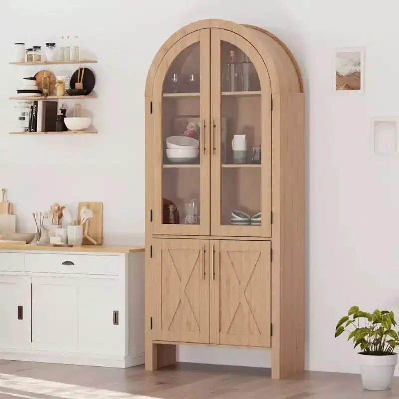 Meuble de Rangement en Bois Moderne avec Portes Vitrées, Vitrine Bombée de 60 pouces