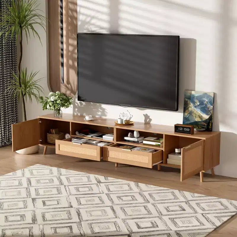 Meuble TV en rotin pour téléviseurs jusqu'à 90", console média de style ferme moderne