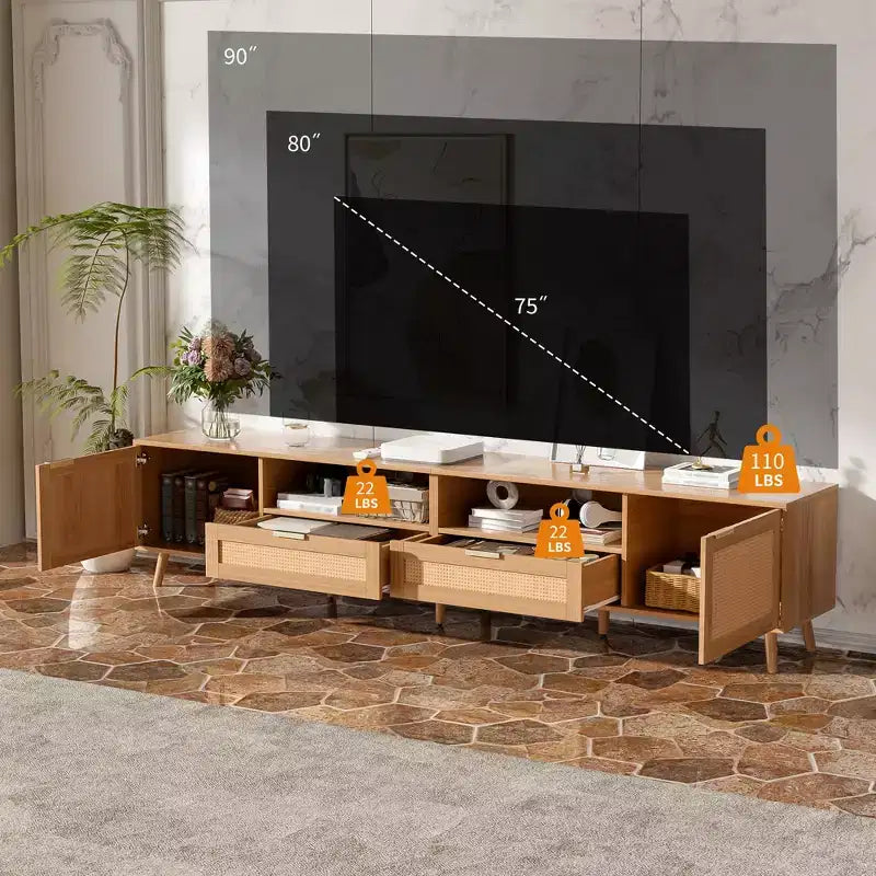 Meuble TV en rotin pour téléviseurs jusqu'à 90", console média de style ferme moderne