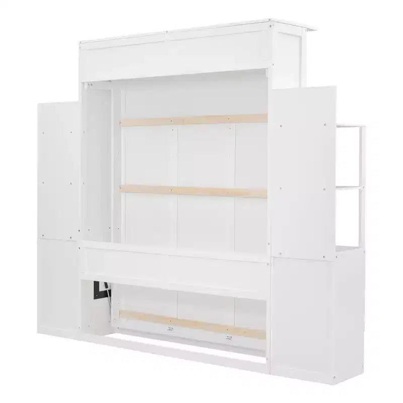 Lit escamotable Queen avec étagères de rangement, 4 tiroirs et lumières