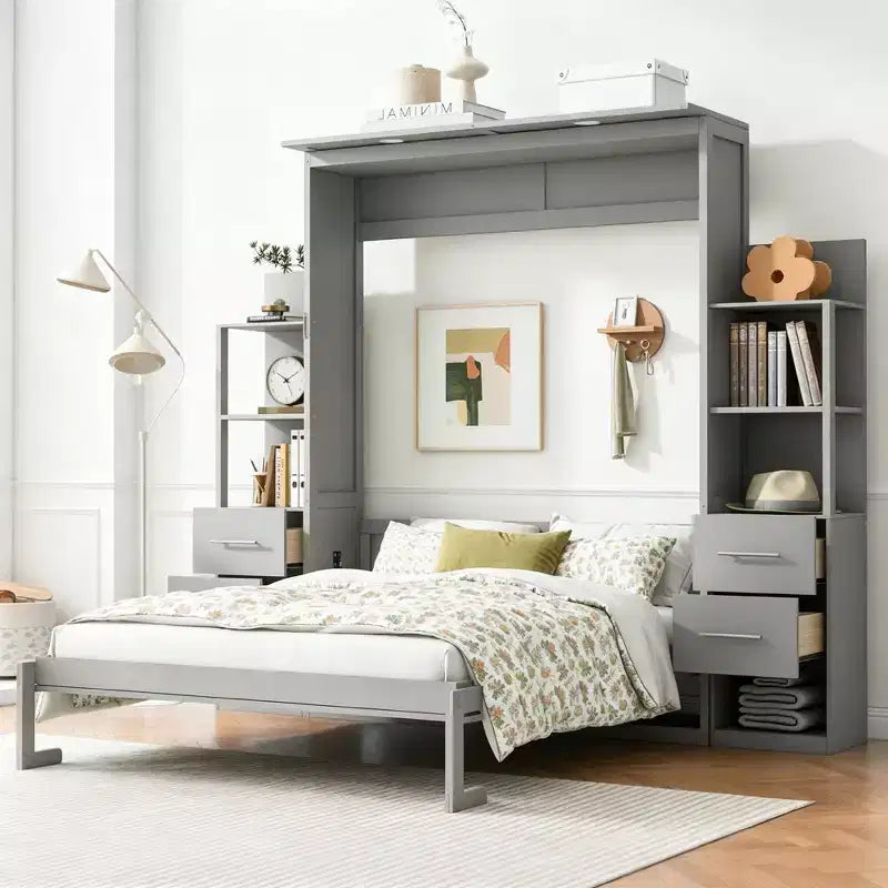 Lit escamotable Queen avec étagères de rangement, 4 tiroirs et lumières
