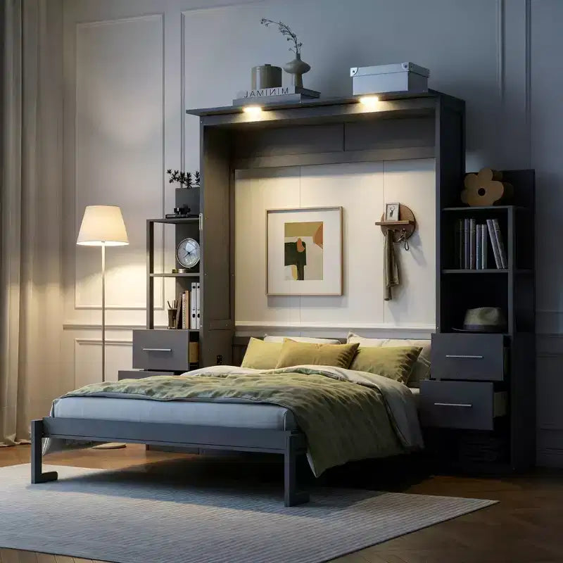 Lit escamotable Queen avec étagères de rangement, 4 tiroirs et lumières