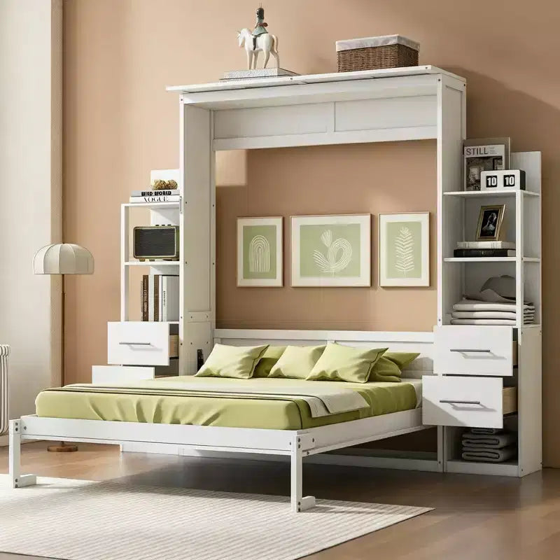 Lit escamotable Queen avec étagères de rangement, 4 tiroirs et lumières