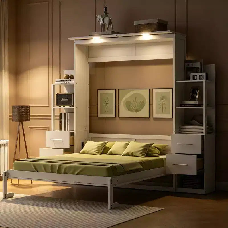 Lit escamotable Queen avec étagères de rangement, 4 tiroirs et lumières