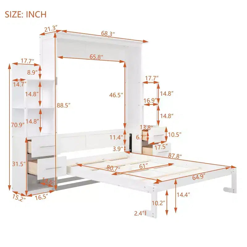 Lit escamotable Queen avec étagères de rangement, 4 tiroirs et lumières