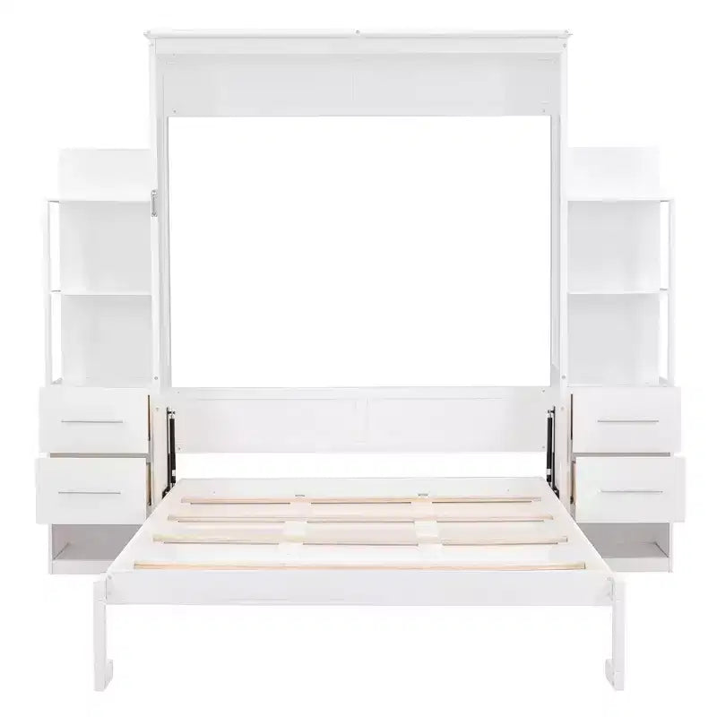 Lit escamotable Queen avec étagères de rangement, 4 tiroirs et lumières