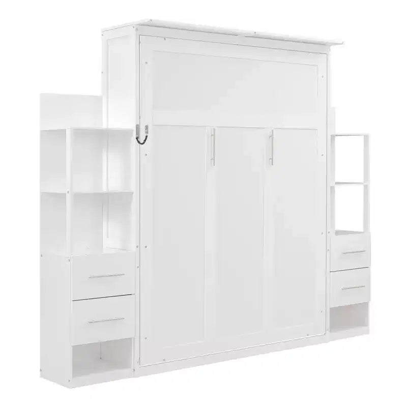 Lit escamotable Queen avec étagères de rangement, 4 tiroirs et lumières