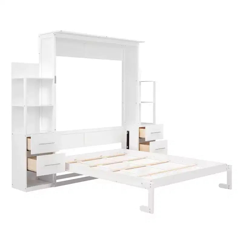 Lit escamotable Queen avec étagères de rangement, 4 tiroirs et lumières