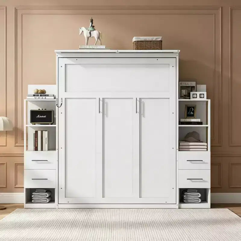 Lit escamotable Queen avec étagères de rangement, 4 tiroirs et lumières